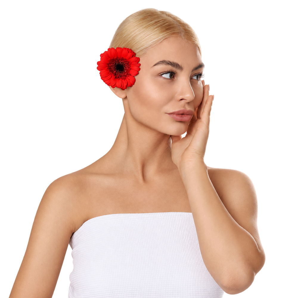 Pflegemotiv mit roter Blüte – Stockfoto zur Illustration